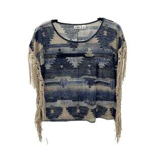 Cato Southwest Aztec Print Fringe Top Women L Boho Tribal Knit Poncho Shirt Blue